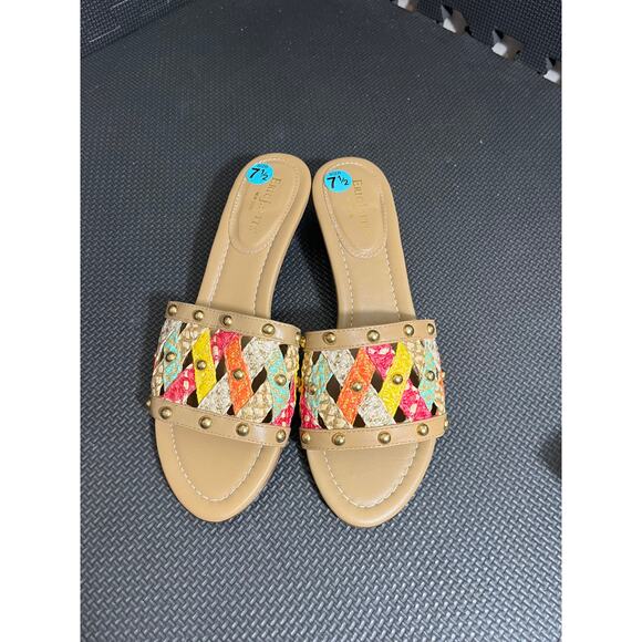 Eric Javits Woven Multicolored Straw & Tan Leather Slip-On Sandals‎ Boho 7.5 N - Picture 2 of 9